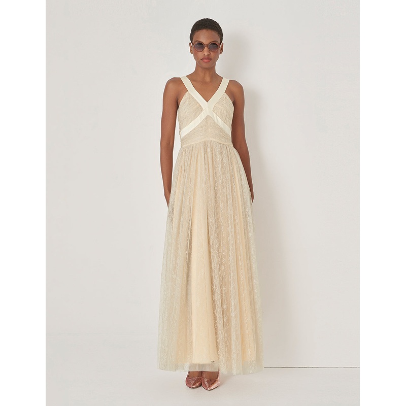 Champagne V-Neck Lace Gown Dress