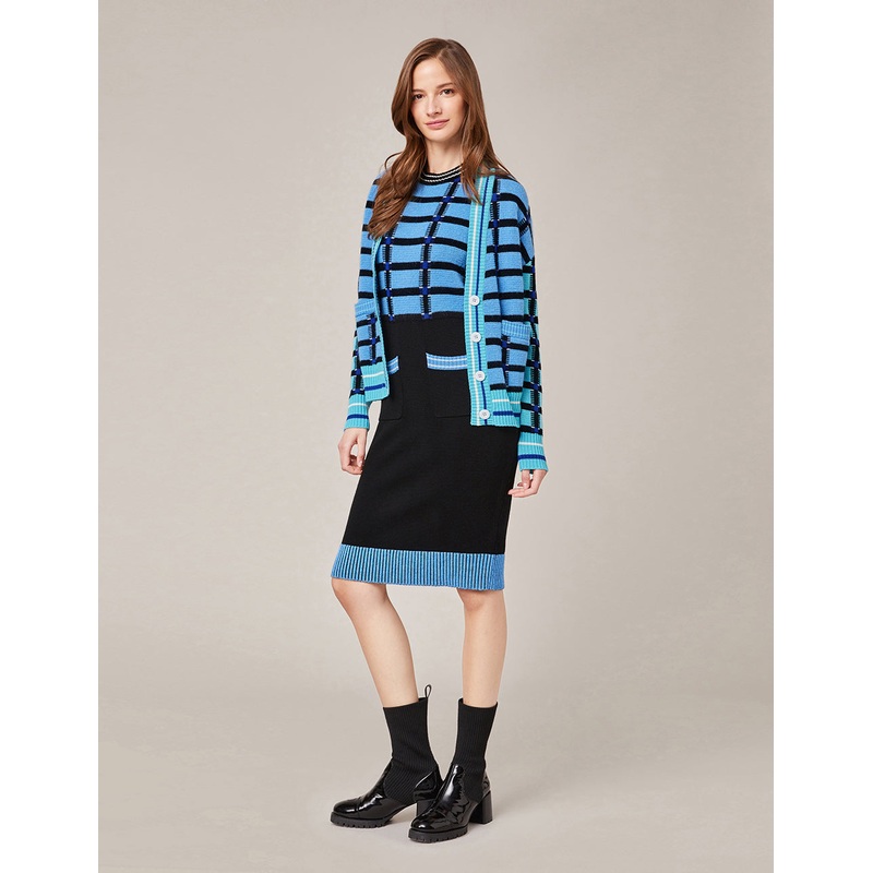 CREW NECK SLEEVELESS CHECK KNITTED DRESS