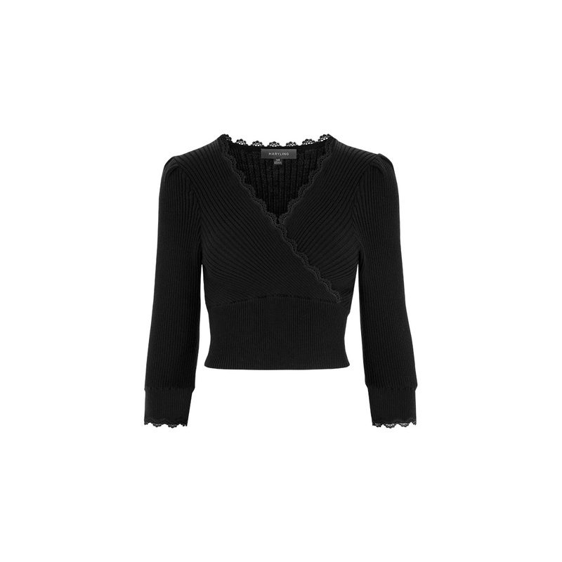 Crossover V-Neck Paneled Lace-Trimmed Knitted Pullover