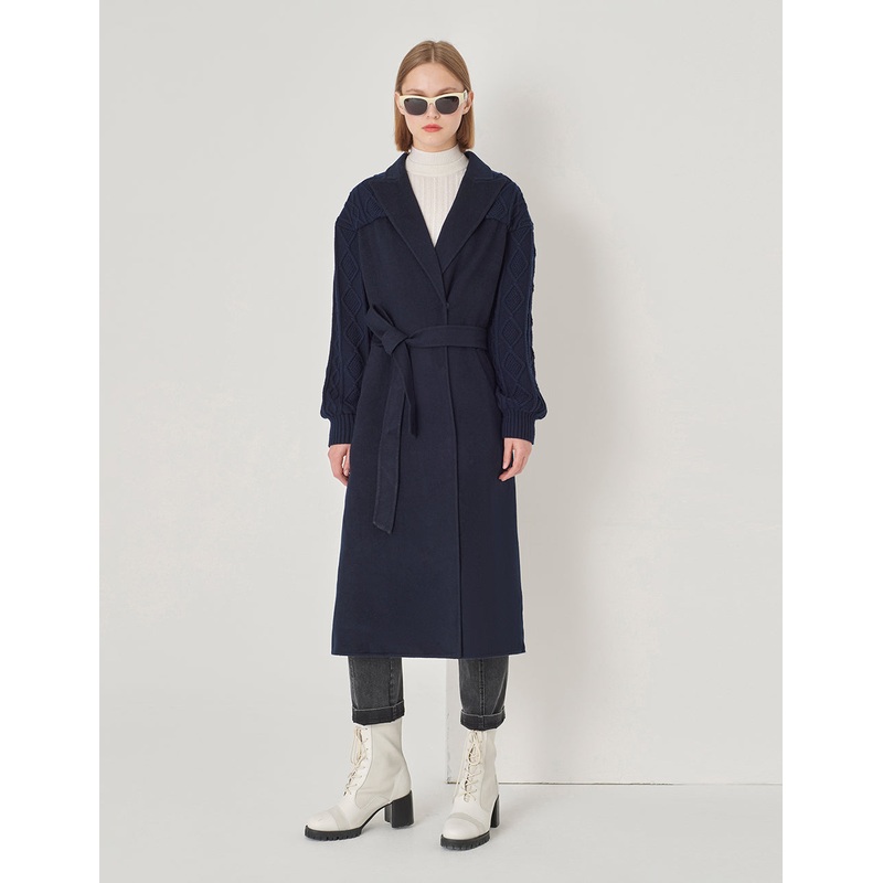 Dark Blue Double-Sided Wool And Knitted Long Coat
