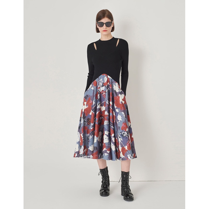 Gray Blue And Red Abstract Oil Paint Hollow Inverted V Large Dress