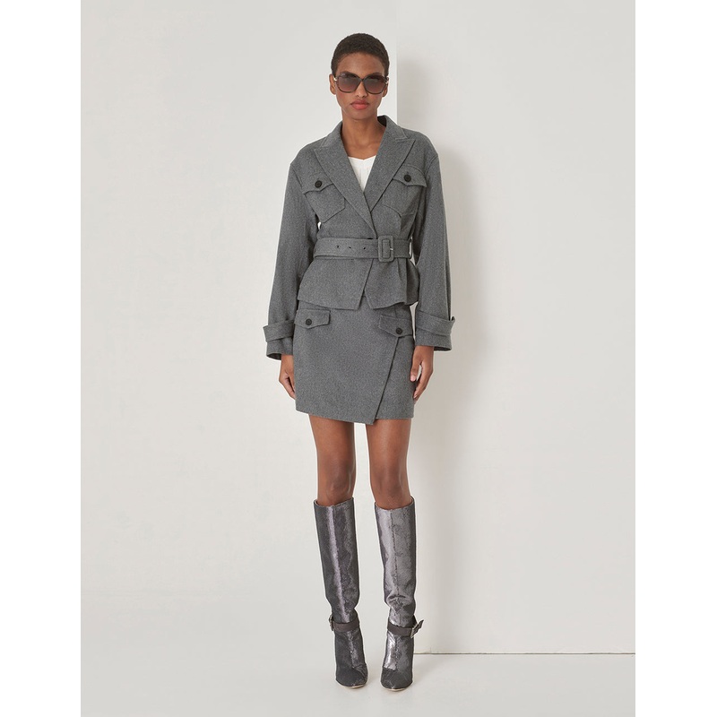 Gray Lapel Collar Contrast Button Belted Jacket