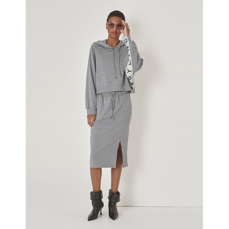 Gray Sweatshirt Material Slit Straight Skirt