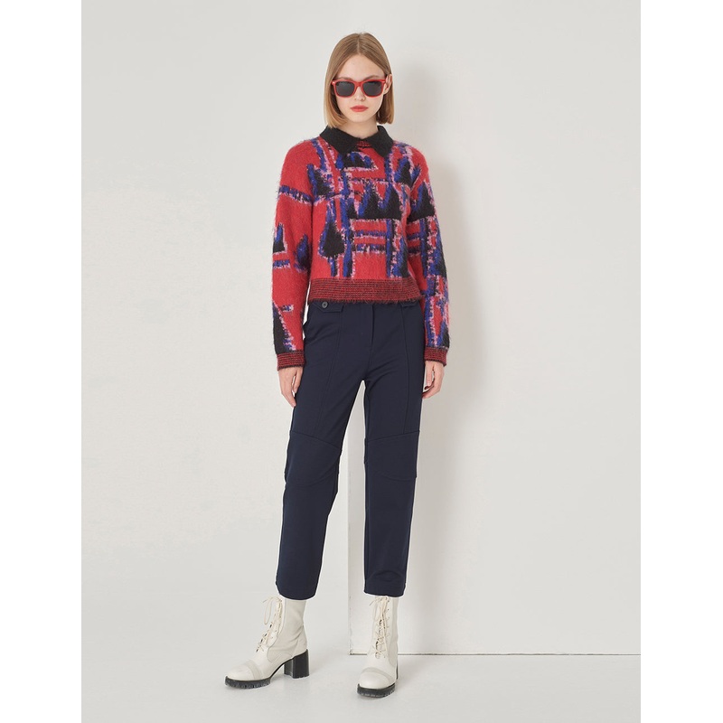 Lapel Red And Blue Puzzle Knit Sweater