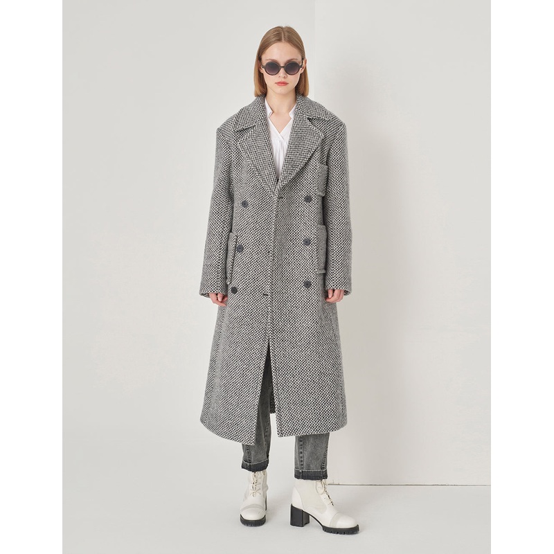 Long Double-Breasted Wool Coat With Wide Shoulders