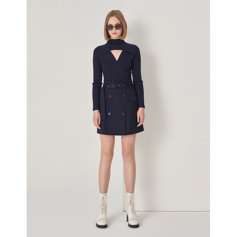 Navy V-Shaped Hollow Knitted Double-Sided Woolen Dress