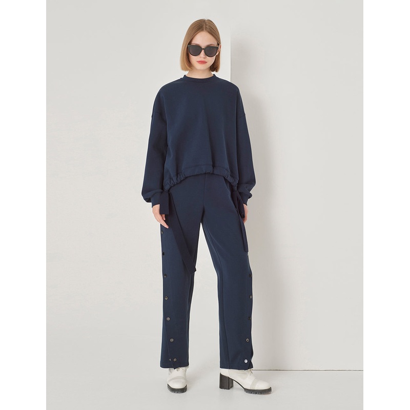 Navy Woolen Lace-Up Space Cotton Sweatshirt