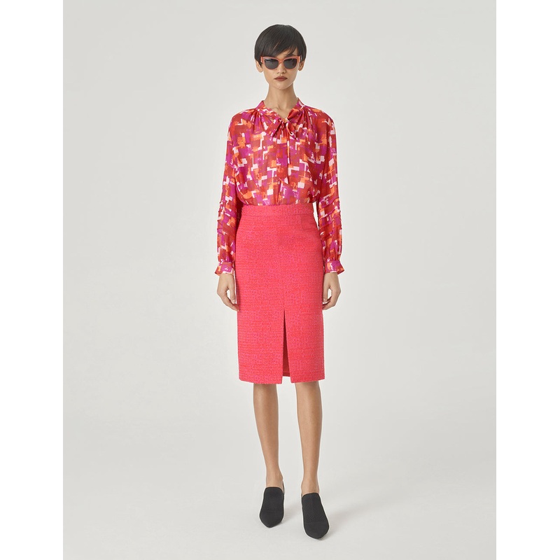 Pink Checkered Bow Tie Printed Blouse