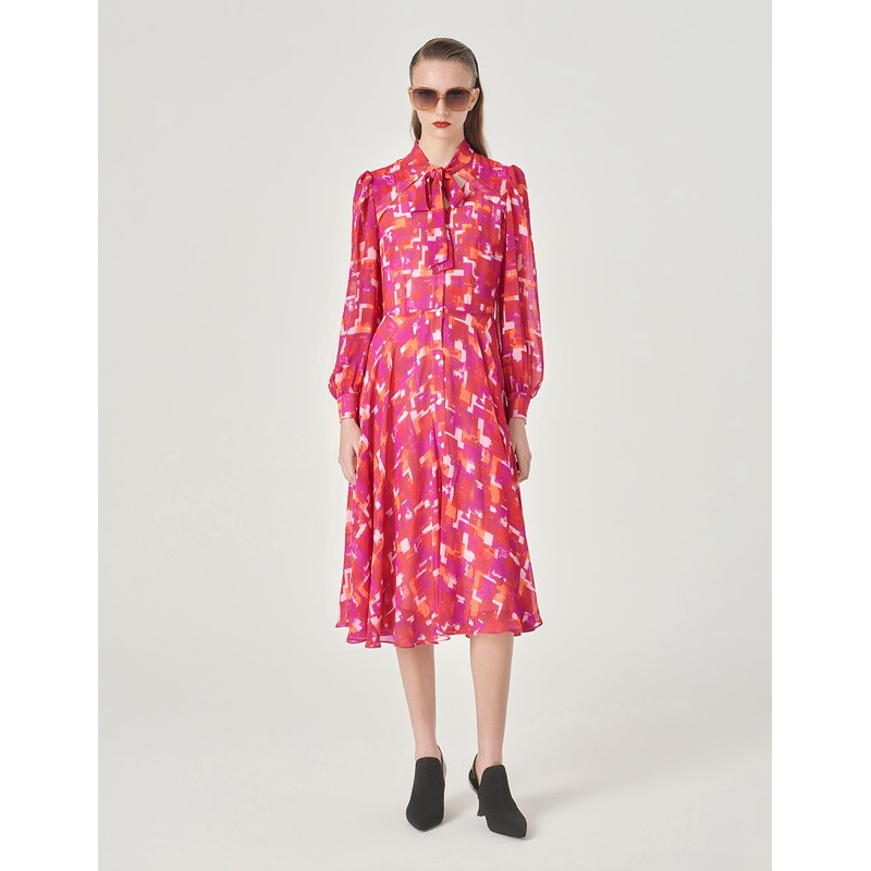 Pink Checkered V-Neck Bow Print Dress