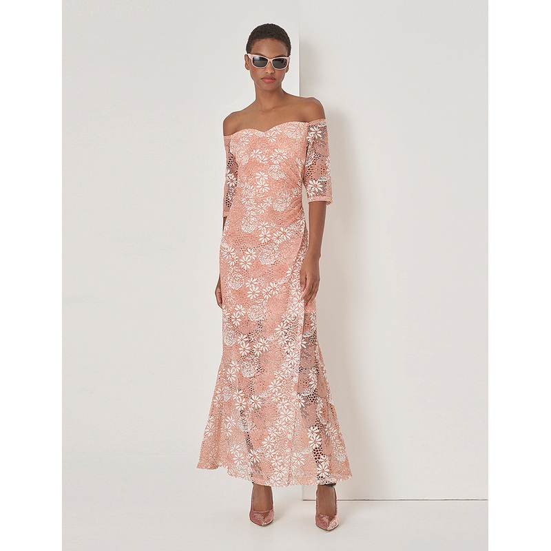 Pink One-Line Neckline Fishtail Lace Dress