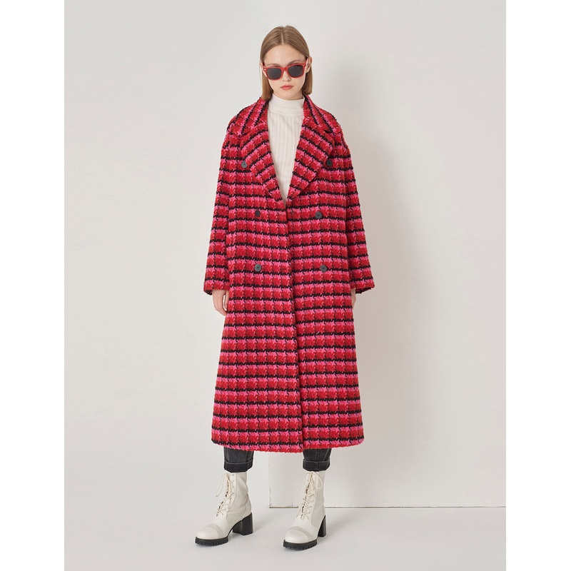 Raspberry Plaid Large Lapel Double-Breasted Long Coat