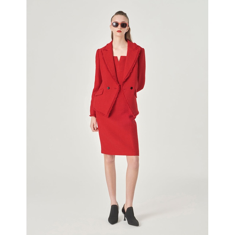 Red Lapel Collar Tweed Blazer