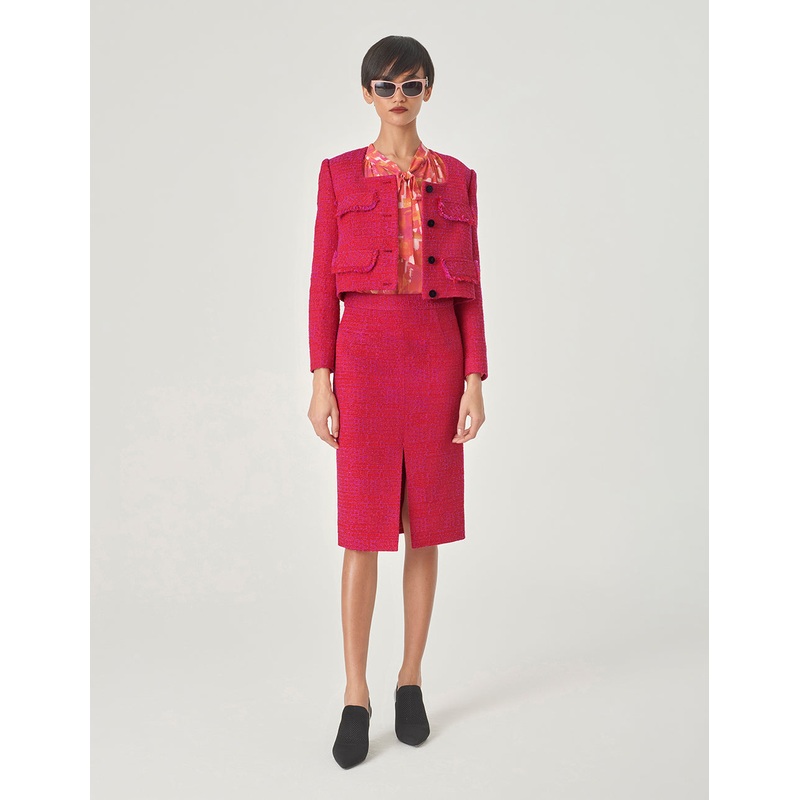 Red Slit Tweed Hip-Hugging Skirt