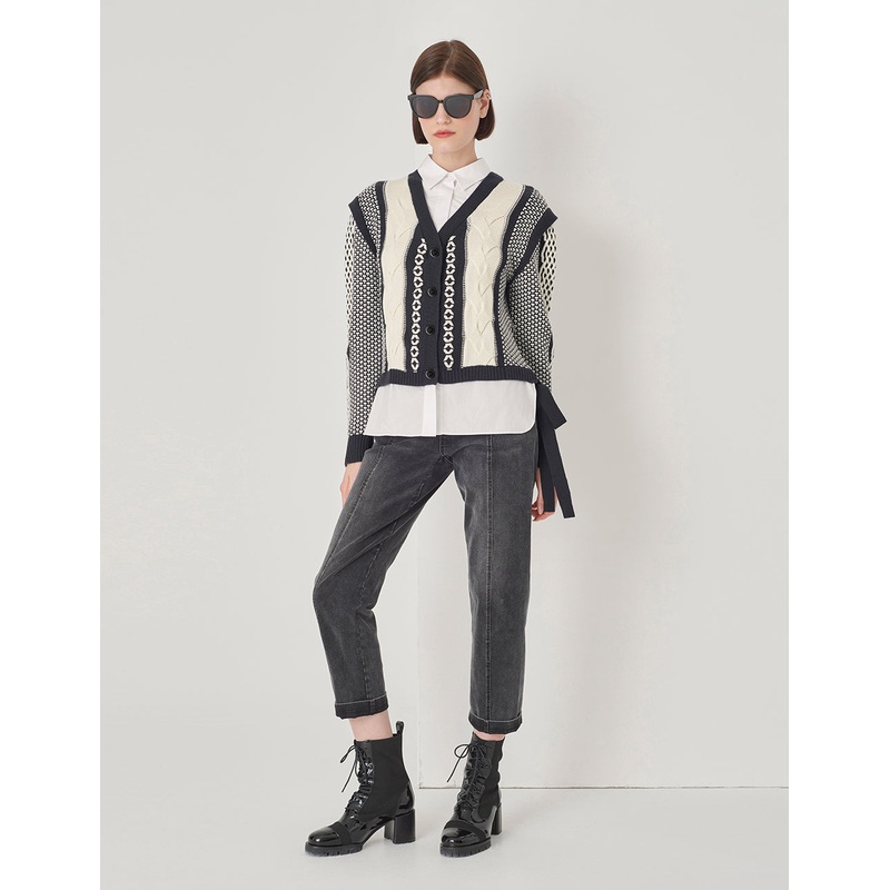 Shirt Collar Black And White Knit Woven Cardigan