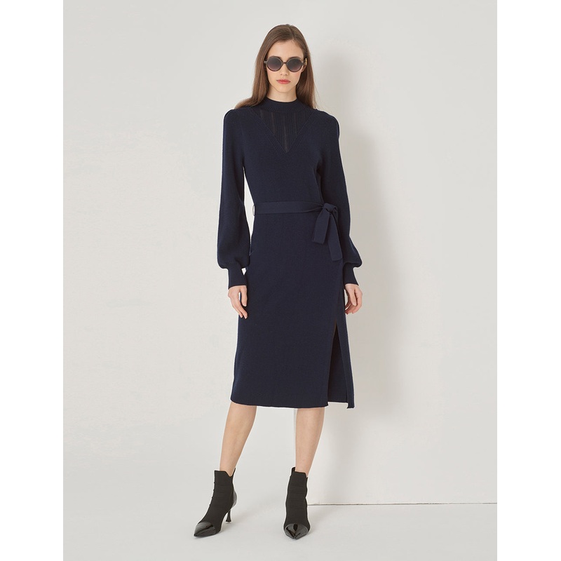 Side Slit Waisted Woolen Dress