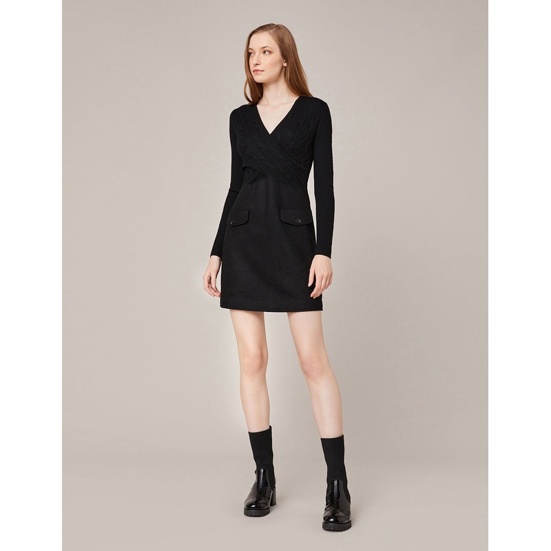 V-Neck Knit Spliced A-Line Mini Dress