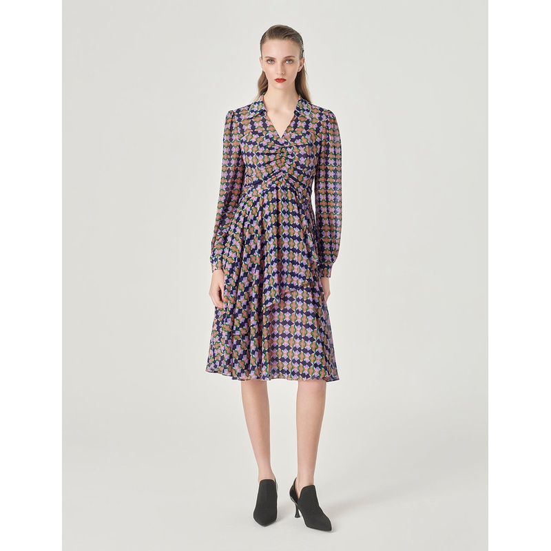 V-Neck Plaid Printed Long-Sleeve Shirt Dress
