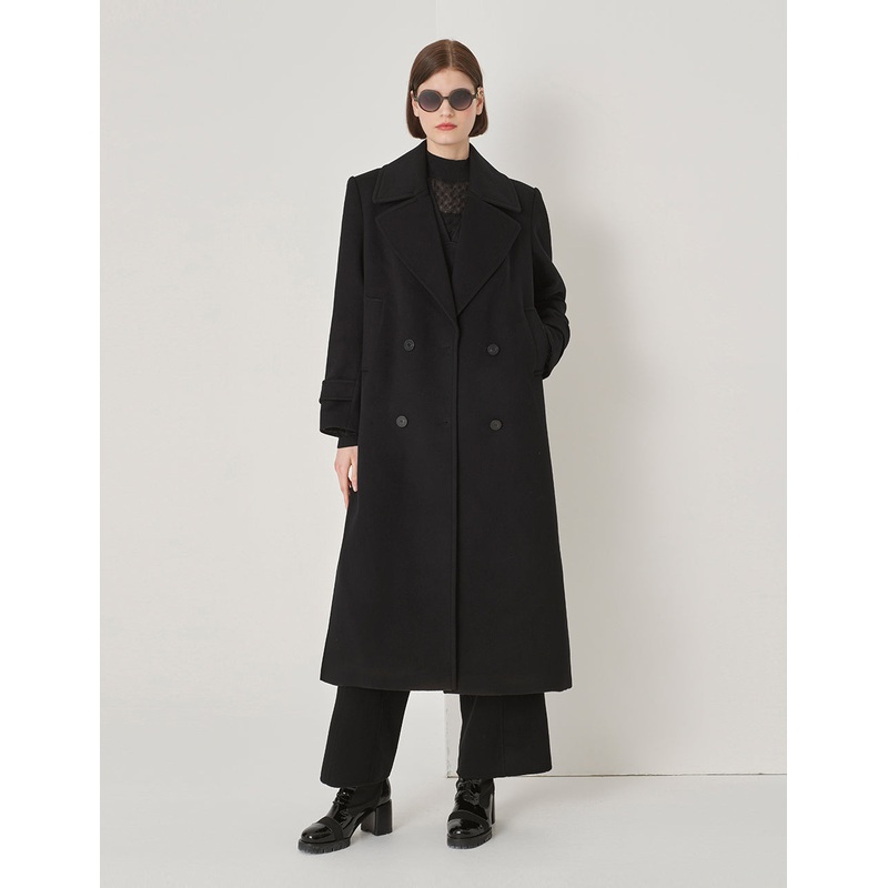 Wide-Shouldered Double-Breasted Long Coat
