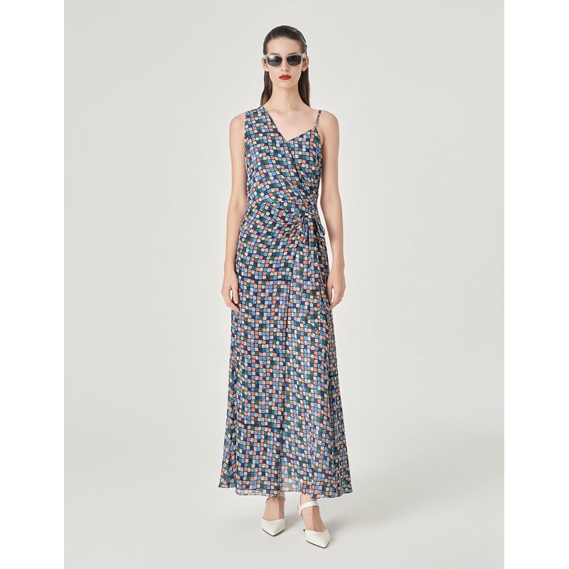 Asymmetrical V-Neck Tie-Waist Plaid Print Maxi Dress