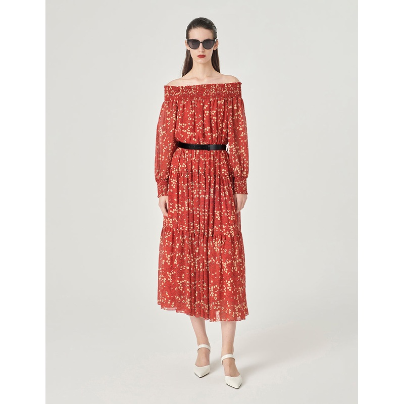 Bateau Collar Printed Long Sleeve Dress