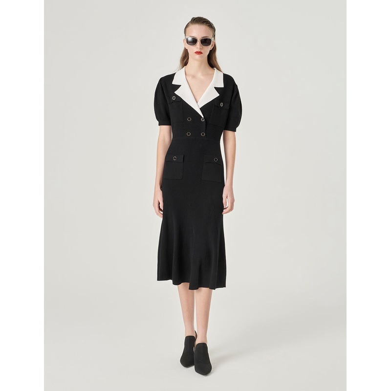Black And White Contrasting Lapel Short-Sleeved Knitted Dress