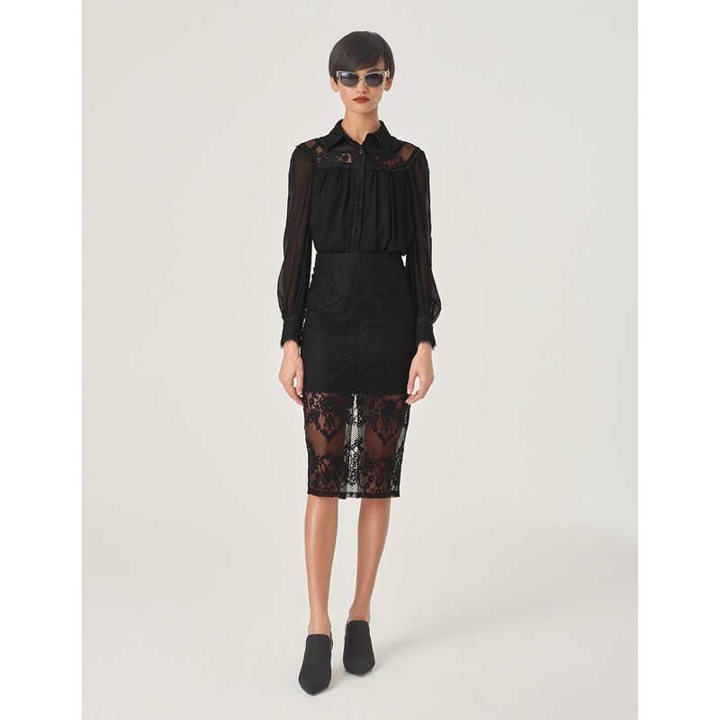 Black Lace Paneled Silk Georgette Top