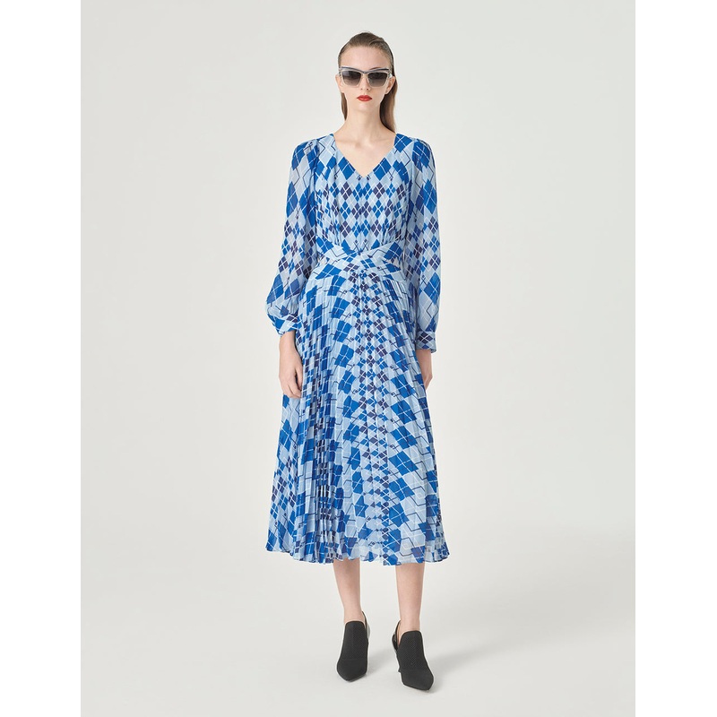 Blue And White Diamond Plaid V-Neck A-Hem Dress