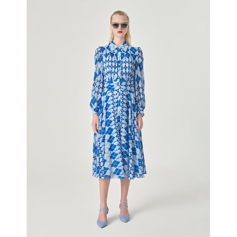 Blue And White Plaid Shirt Collar A-Hem Dress