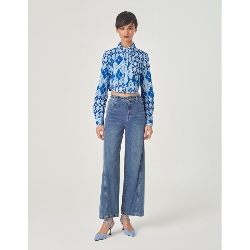 Blue And White Plaid Shirt Collar Round Hem Blouse