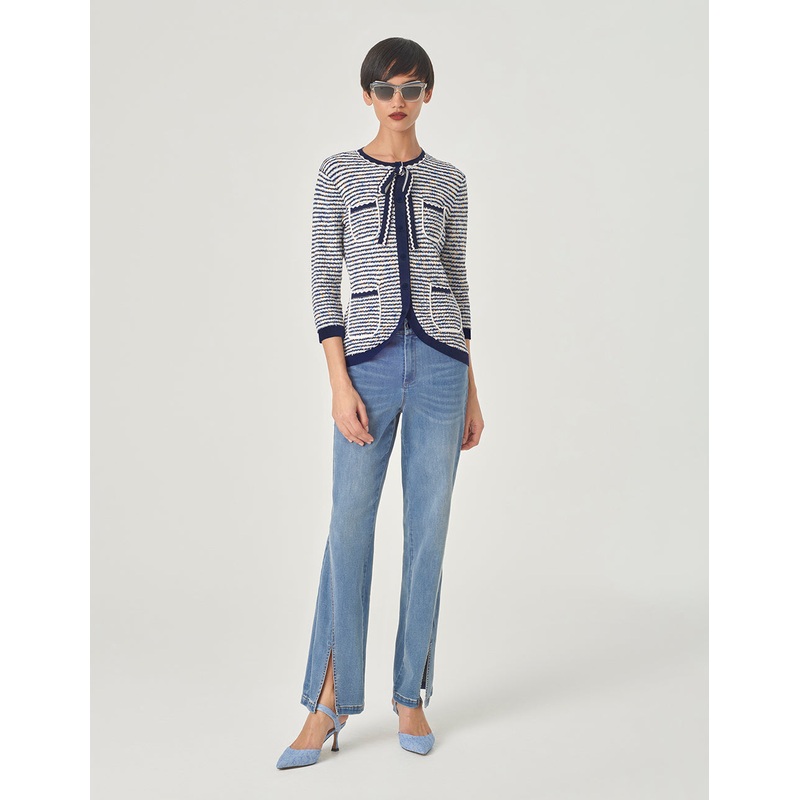 Blue And White Striped Ribbons Knitted Cardigan