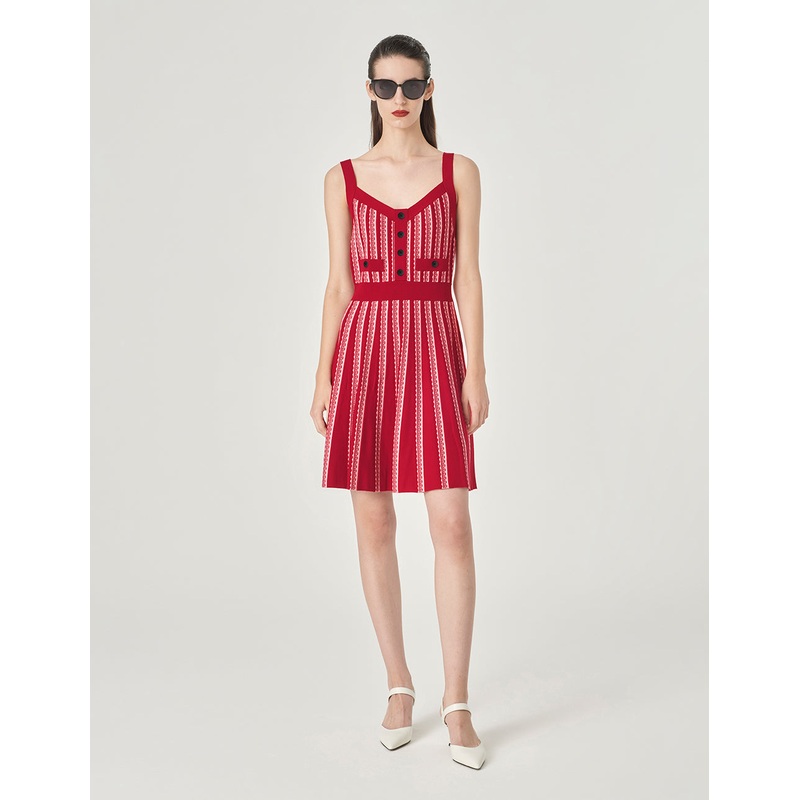 Colour Block Strappy Knitted Red Slip Dress
