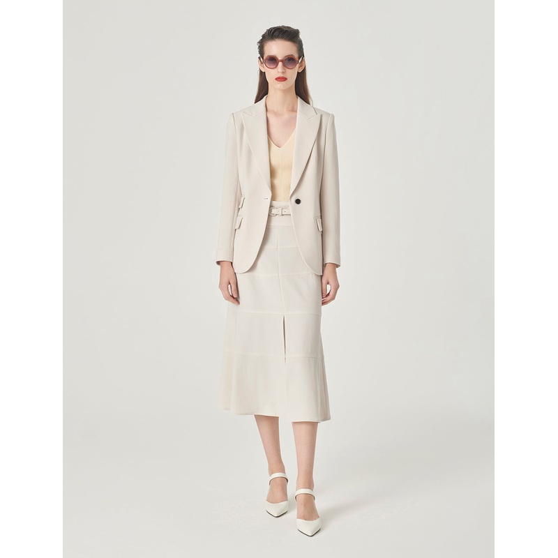 Creamy Beige Peaked Lapel Waist Blazer