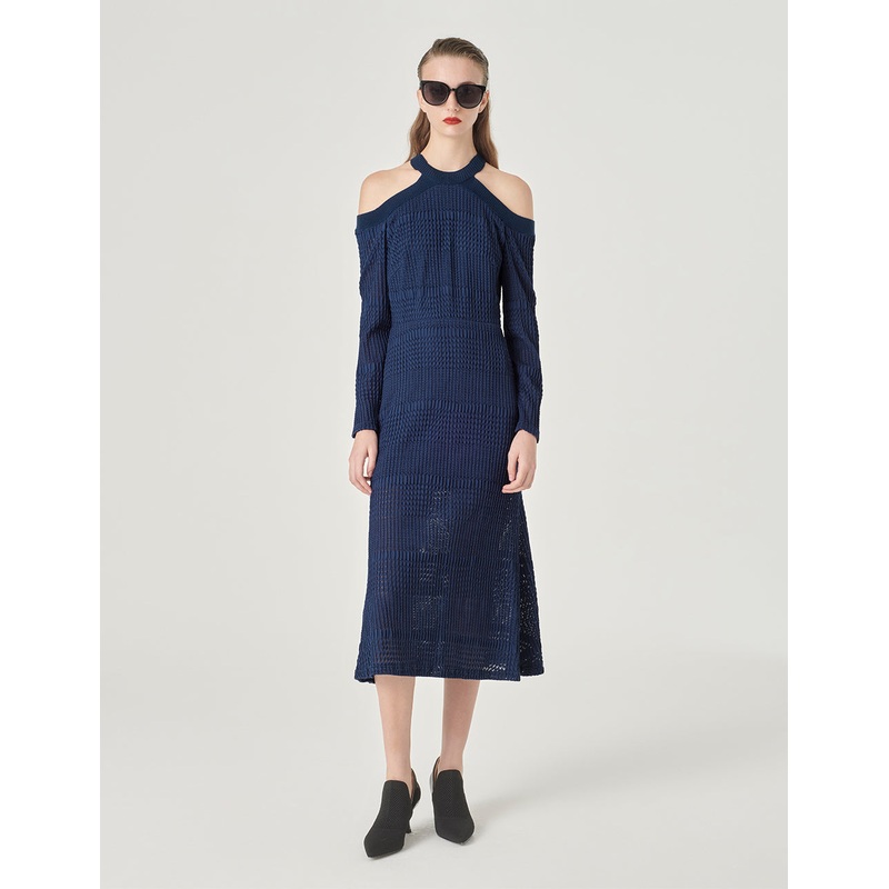 Dark Blue Off-Shoulder Slim Fit Fishtail Lace Dress