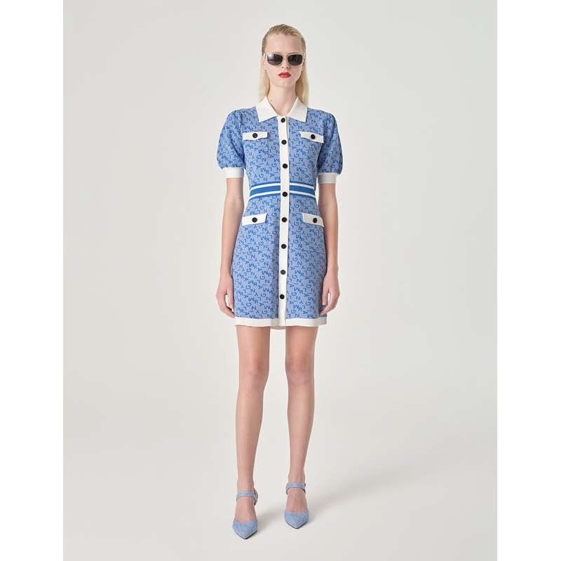 Denim Blue T-Shirt Collar Jacquard Knitted Dress