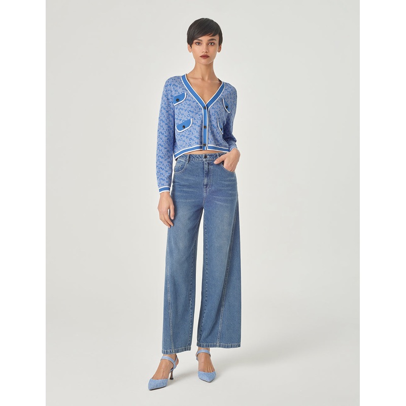 Denim Blue V-Neck Jacquard Knitted Cardigan