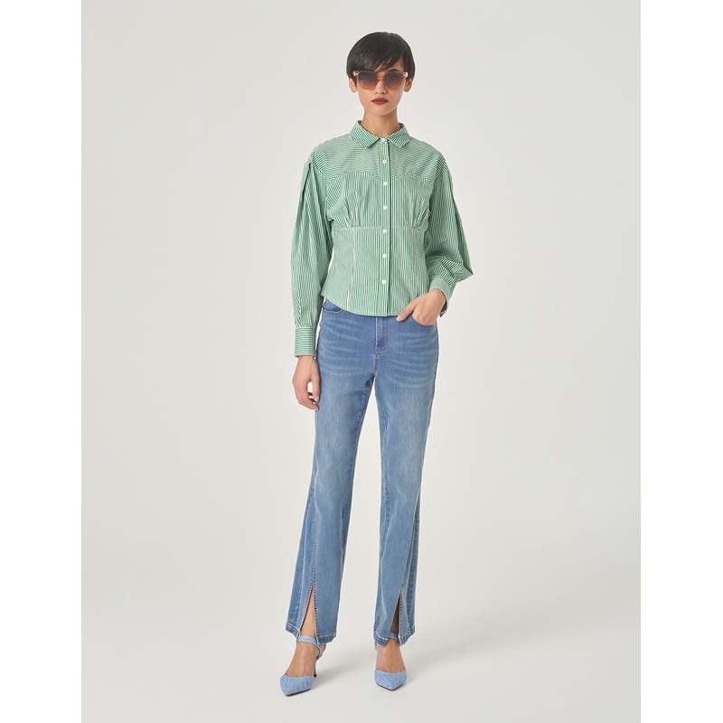 Green And White Striped Cotton Blouse