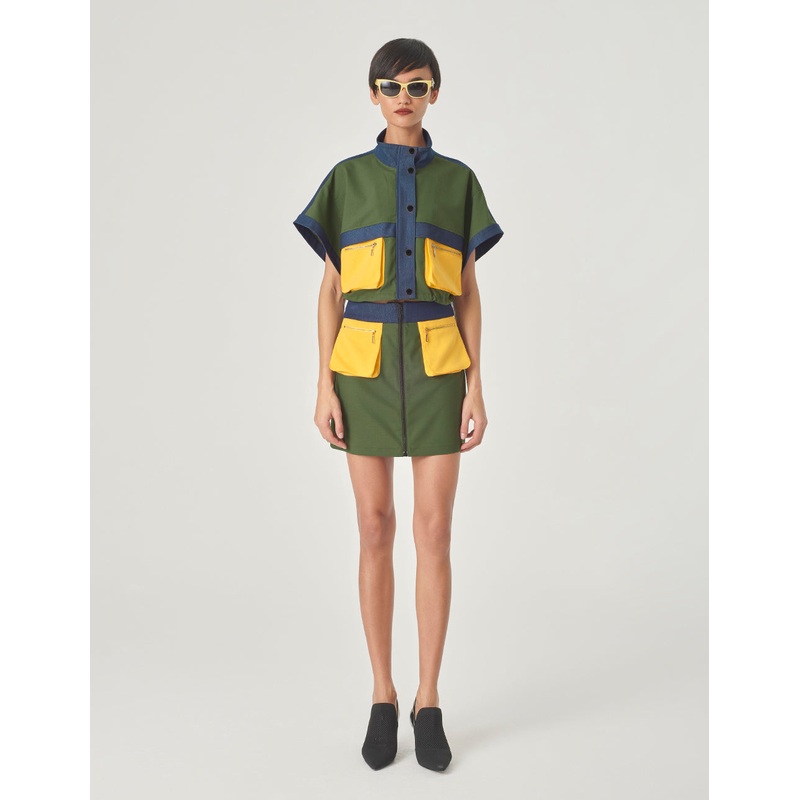 Green Denim Patchwork Short-Sleeved Jacket