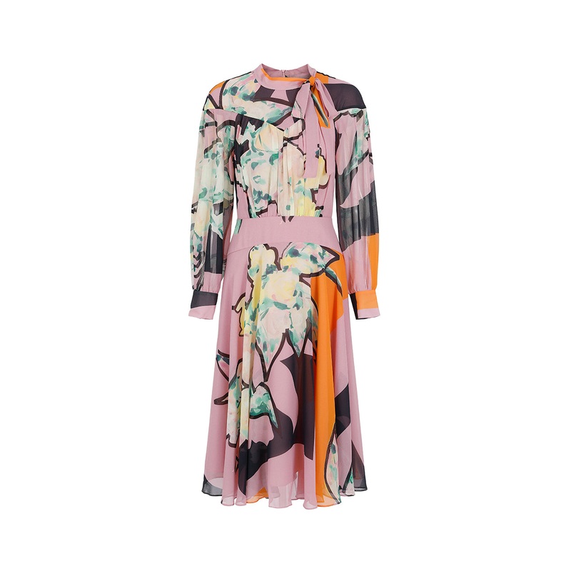 Half Turtleneck Printed Long Sleeves Large Hem Midi Dress