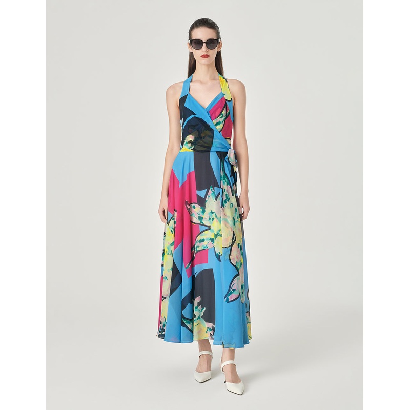 Halter Neck Design Full Swing Georgette Print Dress