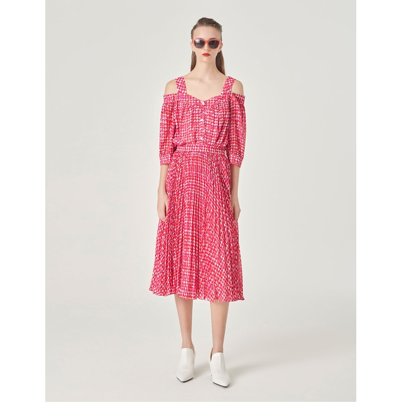 Houndstooth Print Sun Pleated Skirt