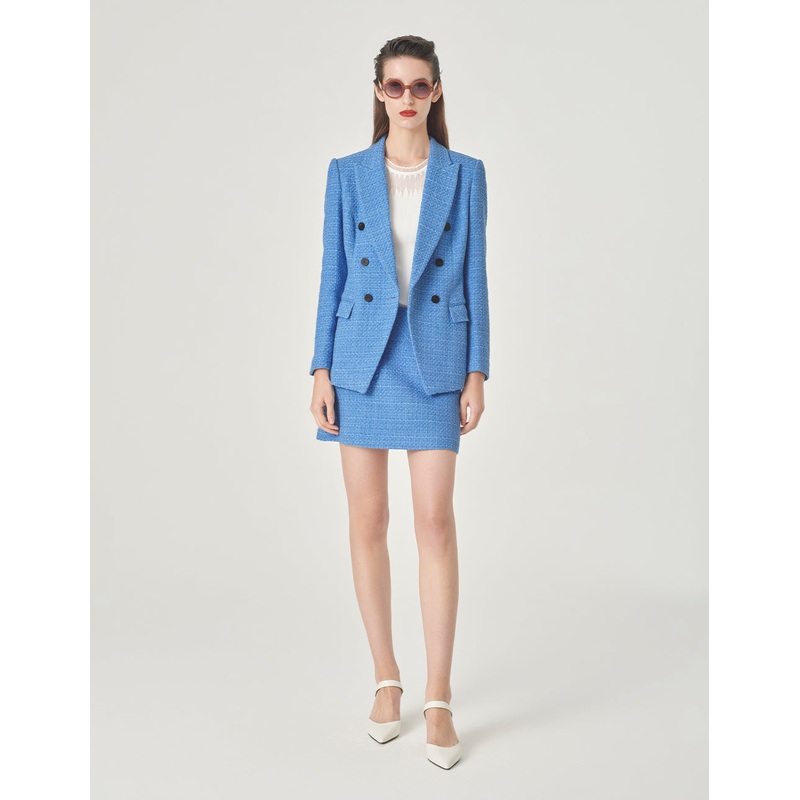 Ice Blue Tweed Peaked Lapel Double-Breasted Blazer