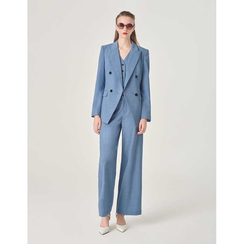 Mist Blue Wide-Waisted Embellished Wide-Leg Pants