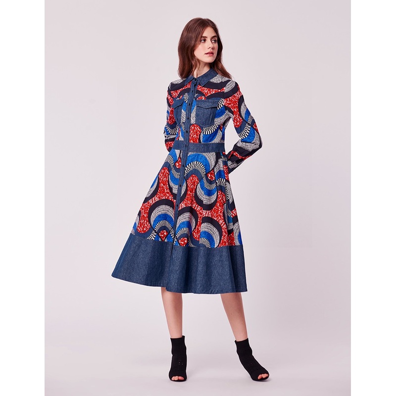 Paisley Pattern Contrast Denim Long Sleeve Shirt Dress