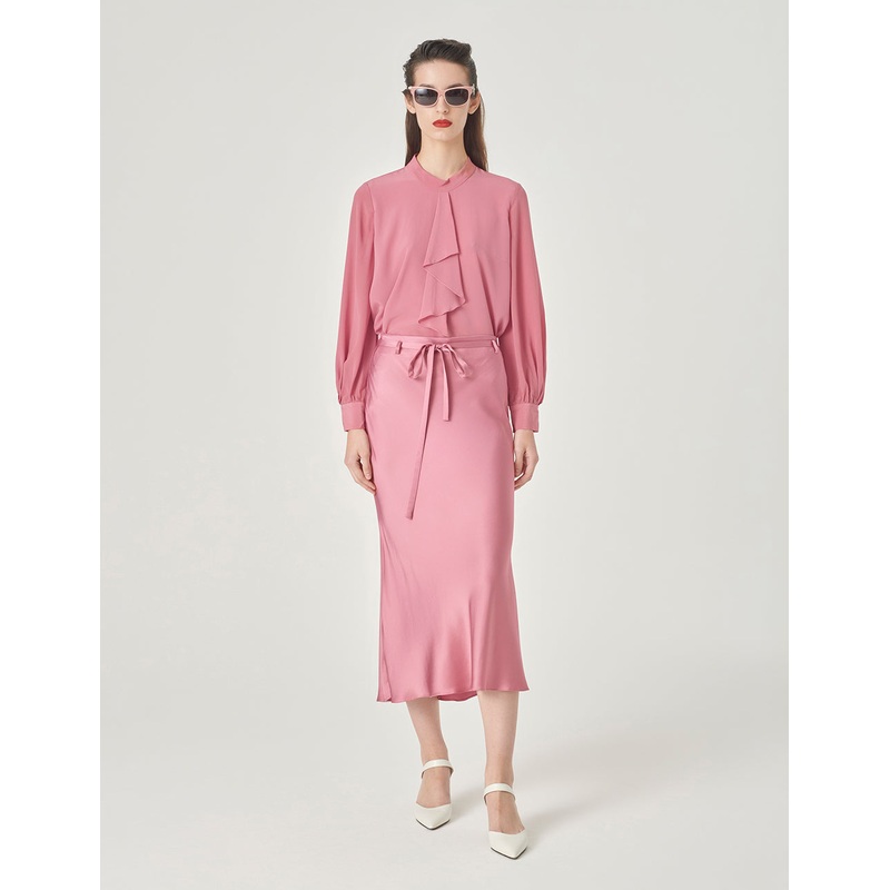 Pink Stand Collar Ruffle Top