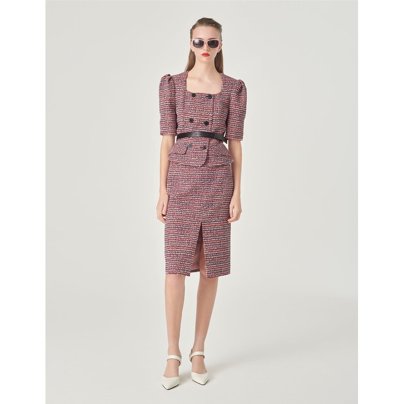 Pink Striped Square Collar Tweed Jacket