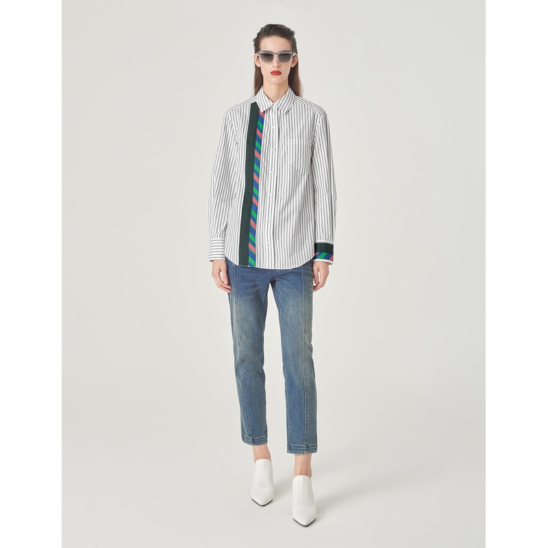 Pinstriped Colorful Webbing Cotton Blouse