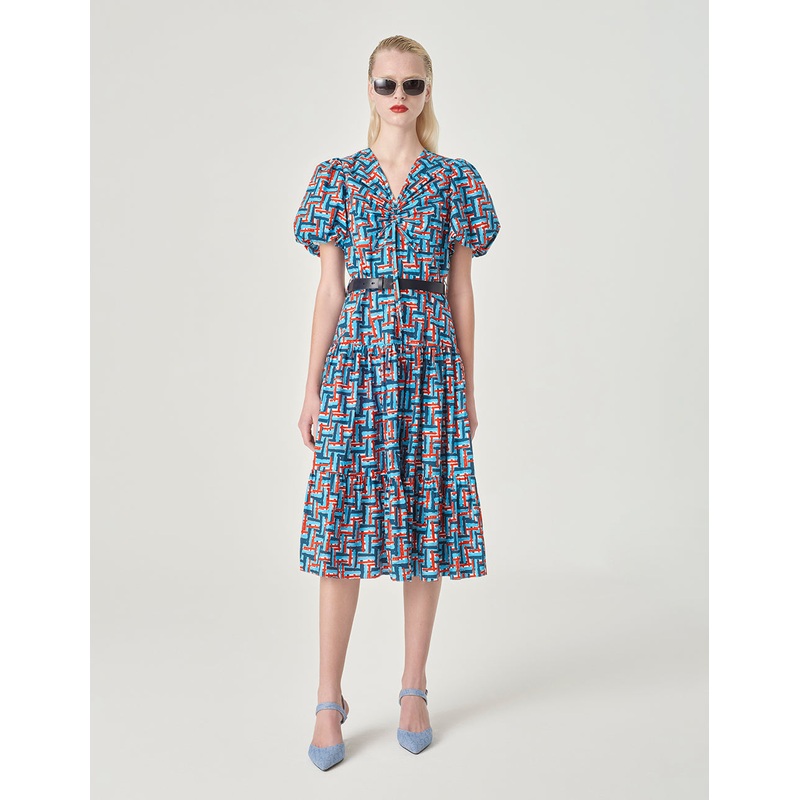 Plaid V-Neck Puff Short Sleeve A-Hem Dress