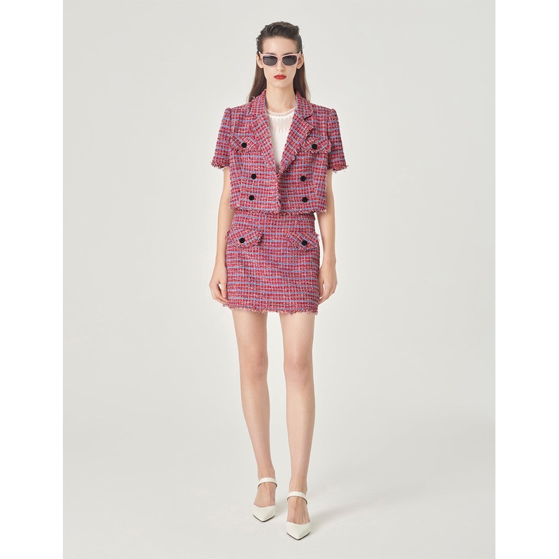 Powder Blue Plaid Tweed Double-Breasted Short Coat
