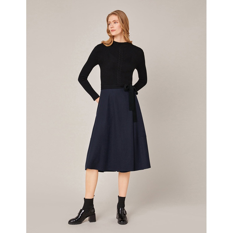 Rib-Knit Spliced Pleated Midi Dress