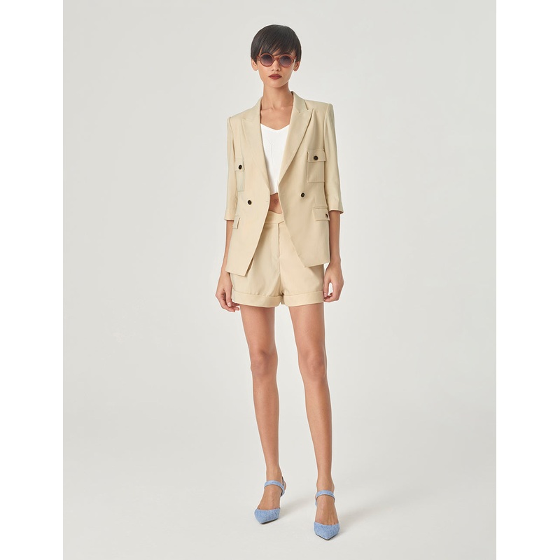 Sand Double-Breasted Mid-Sleeve Blazer